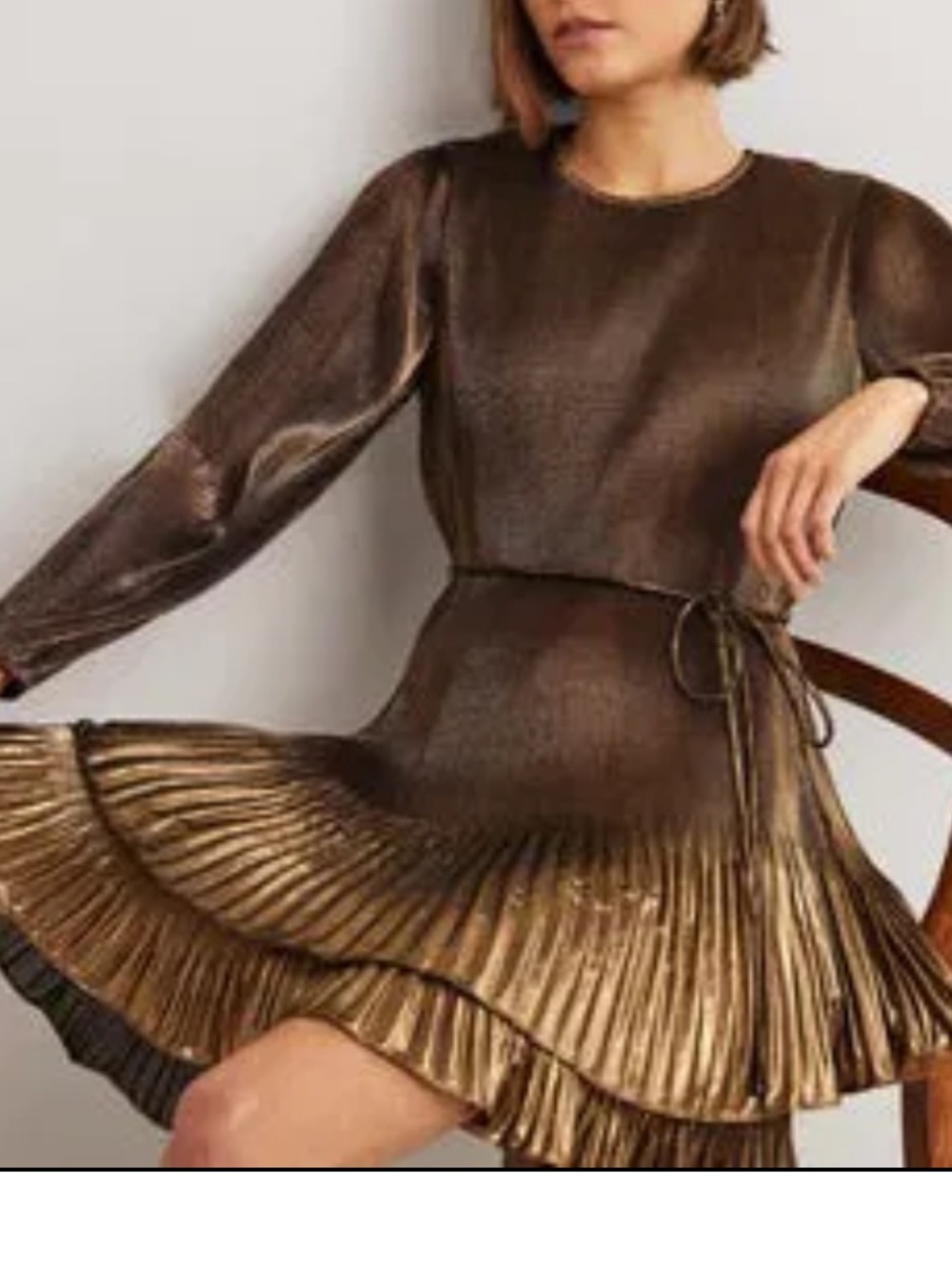 Boden Dress Womens 12 Gold Metallic Pleated Plisse Belt Long Sleeve Shift Party